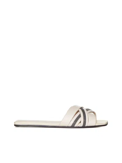 Brunello Cucinelli Leather Monili Flat Slide Sandals In White