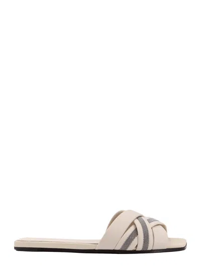 Brunello Cucinelli Leather Monili Flat Slide Sandals In White