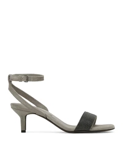 Brunello Cucinelli Suede Sandals With Precious Insert In Nude & Neutrals