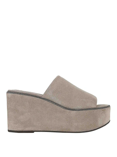 Brunello Cucinelli Suede Slide Wedge Platform Sandals In Beige
