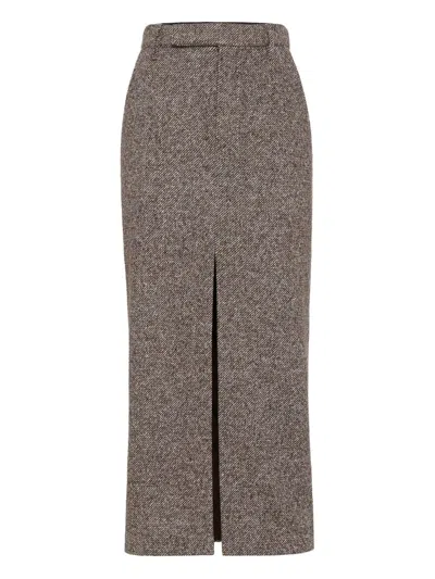 BRUNELLO CUCINELLI BRUNELLO CUCINELLI SARTORIAL PENCIL SKIRT IN DIAGONAL MÉLANGE OF VIRGIN WOOL AND SILK WITH MONILINE