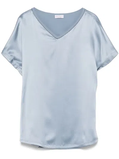 Brunello Cucinelli Silk V-necked Top Cap Sleeves In Clear Blue