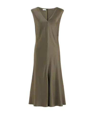 Brunello Cucinelli Satin Cady Flared Dress With Monili In Green