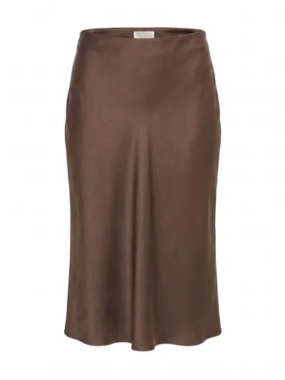 Brunello Cucinelli Satin Cady Fluid Pencil Skirt In Brown