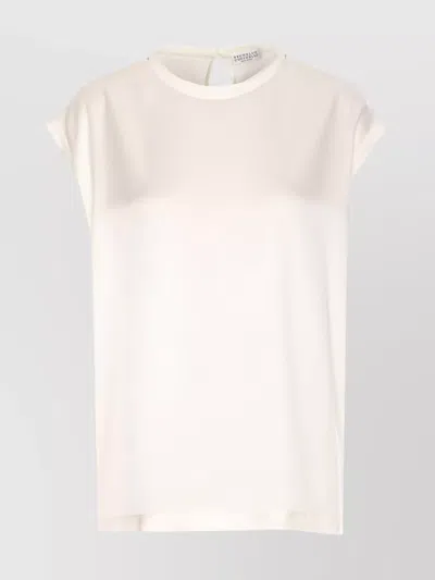 Brunello Cucinelli Satin Cap Sleeve Crewneck Top With Keyhole Back In Multi