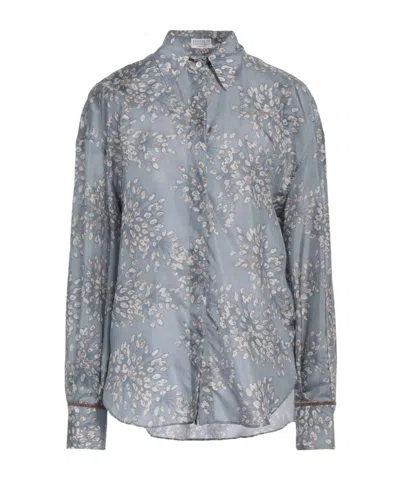 Brunello Cucinelli Satin Floral Shirt In Gray