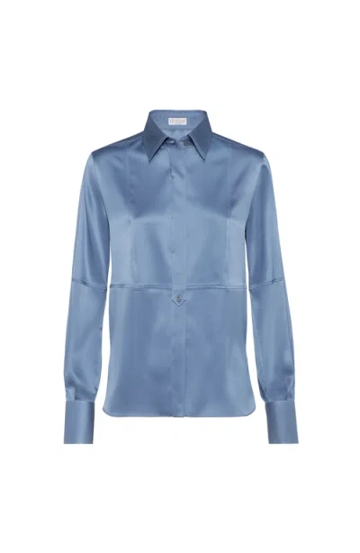 Brunello Cucinelli Satin Shirt In Blue
