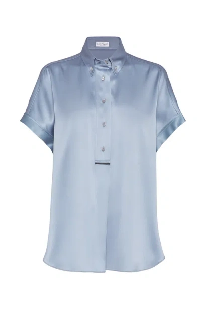 Brunello Cucinelli Satin Shirt In Azure