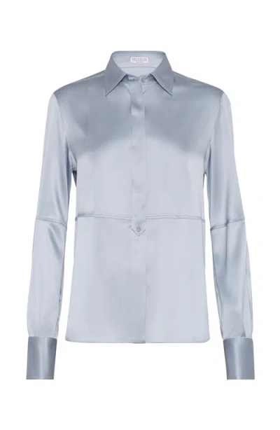 Brunello Cucinelli Satin Shirt In Light Denim