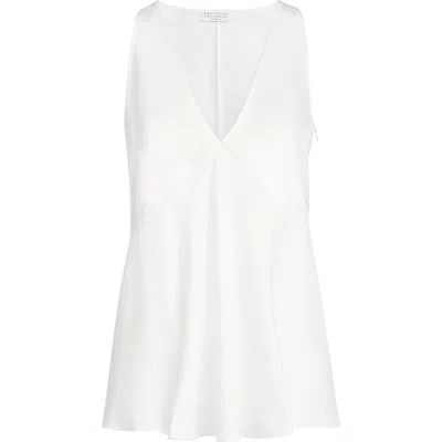 Brunello Cucinelli V-neck Satin Panel Top In White