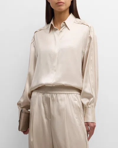 Brunello Cucinelli Satin Tunic Button-front Shirt With Sequin Detail In C8905 Ivory