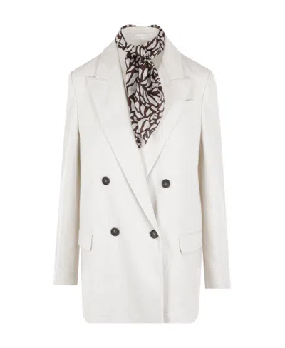 Brunello Cucinelli Scarf-embellished Double-breasted Blazer In White