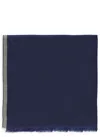 Brunello Cucinelli Cashmere And Wool Scarf With Microfringe Trims In Blue