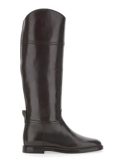 BRUNELLO CUCINELLI BROWN BOOTS WITH MONILE DETAIL ON THE BACK AND SIDE ZIP CLOSURE IN LEATHER WOMAN