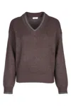 Brunello Cucinelli Ribbed V-neck Top Contrast Trim In Brown