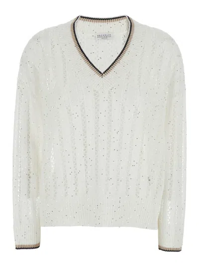 BRUNELLO CUCINELLI BRUNELLO CUCINELLI WOMEN WHITE SEQUIN SWEATER WITH RIBBED V NECK IN LINEN BLEND WOMAN