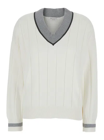 Brunello Cucinelli White T-shirt With V Neck And Monil Detail On The Collar In Cotton Woman