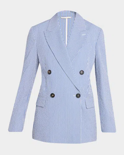 Brunello Cucinelli Seersucker Double-breasted Jacket In Blue