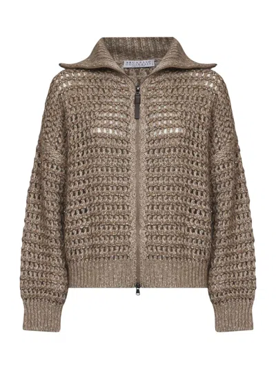 Brunello Cucinelli Seige Soft Wool And Cashmere Net Knit Dazzling Cardigan In Brown