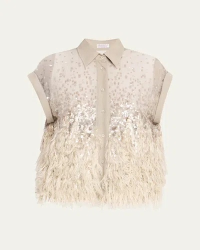Brunello Cucinelli Sequin & Feather Silk Chiffon Blouse In Neutral