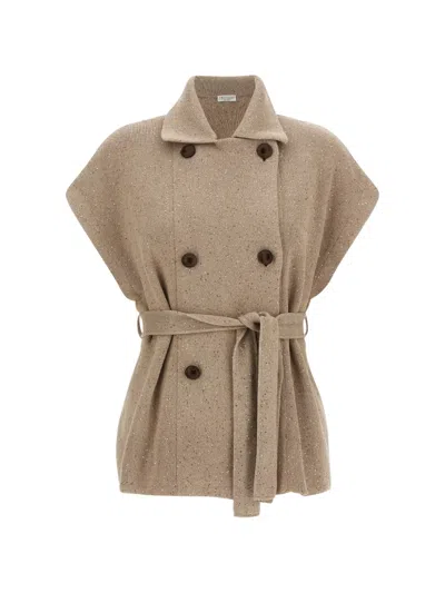 Brunello Cucinelli Diamante Knit Vest Belted Waist Collar In Neutral