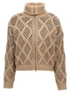 Brunello Cucinelli Zipped Open-knit Cardigan In Beige