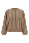 Brunello Cucinelli Sequin Striped Crew Neck Cashmere Sweater In Sand