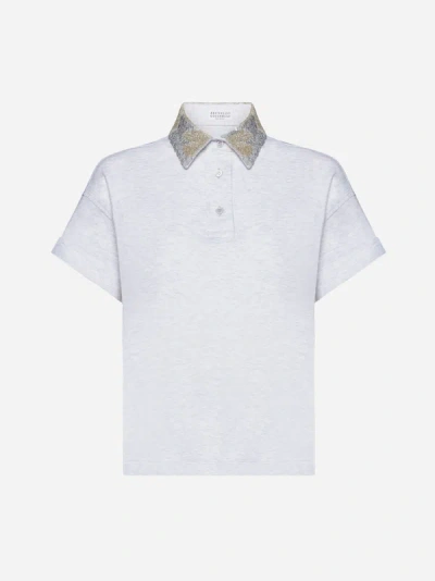 Brunello Cucinelli Cotton Pique Polo Top With Multi Beaded Magnolia Collar In Grey