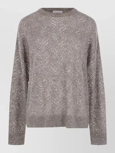 Brunello Cucinelli Sequin Crew Neck Top Long Sleeves Ribbed In Gray