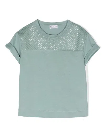 Brunello Cucinelli Kids' Sequin-detail Cotton T-shirt In Green