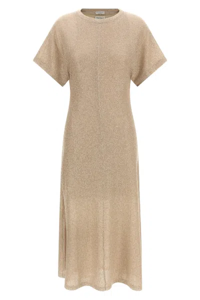 Brunello Cucinelli Sequin Knit Dress Short Sleeves Slit In Brown