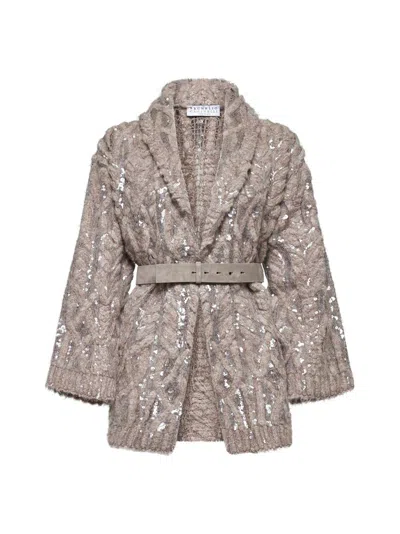 Brunello Cucinelli Sequin Embellished Belted Cardigan In Beige