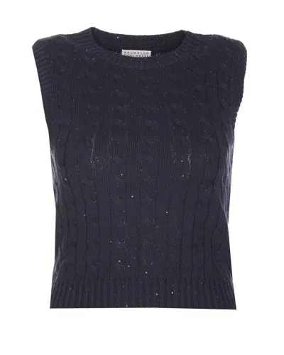 Brunello Cucinelli Sequin Embellished Cable-knitted Top In Black