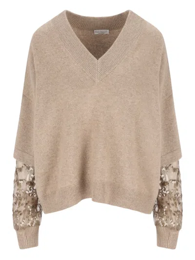 Brunello Cucinelli Sequin-embellished Cashmere Sweater In Neutral