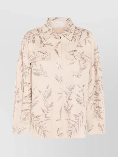 Brunello Cucinelli Sequin Embellished Casual Top With Buttoned Cuffs In Beige