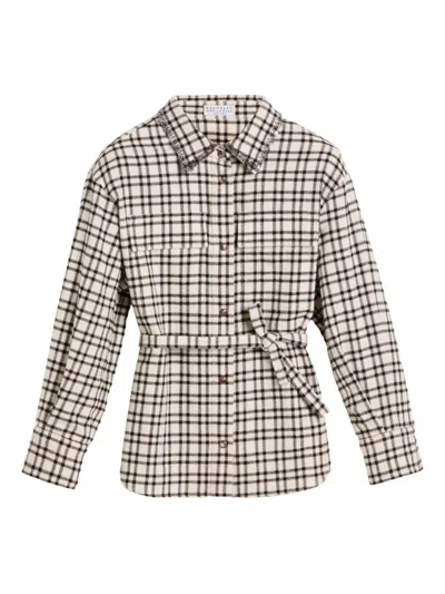 Brunello Cucinelli Kids' Sequin-embellished Checked Belted Shirt In Neutral