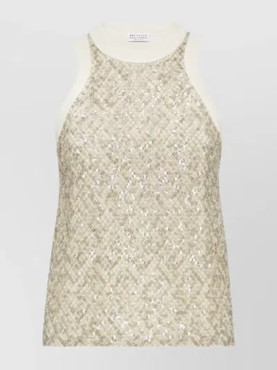 Brunello Cucinelli Sequin Embellished Cotton Crew Neck Top In Neutral