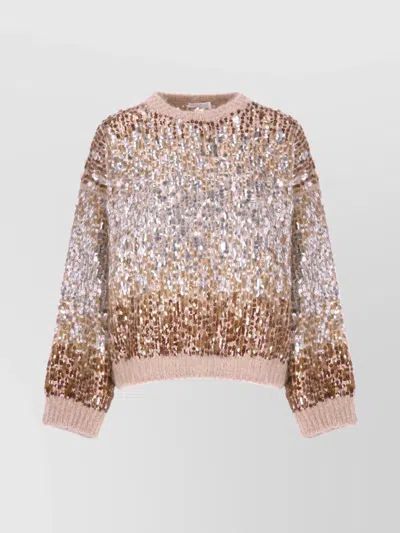 Brunello Cucinelli Sequin Embellished Crew Neck Sweater In Brown
