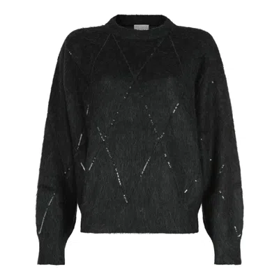 Brunello Cucinelli Women's Mohair, Wool, Cashmere And Silk Sweater With Dazzling Argyle Embroidery In Grey