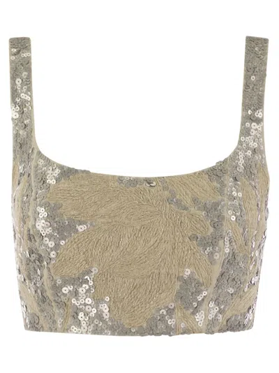 Brunello Cucinelli Sequin Embellished Cropped Top In Beige