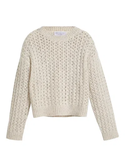 Brunello Cucinelli Kids' Sequin-embellished Eyelet Sweater In Neutral
