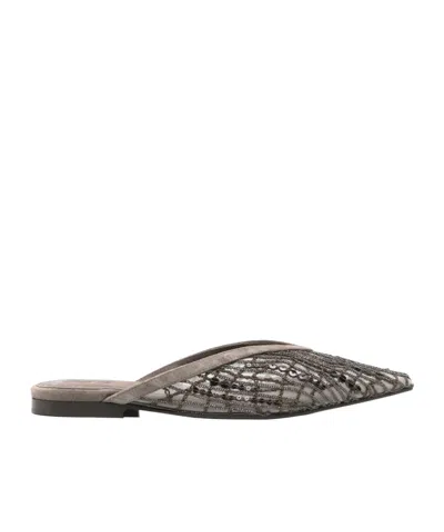 Brunello Cucinelli Glistening Abstract Embroidery Suede Sabots In Brown