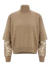 Brunello Cucinelli Cashmere Turtleneck Sweater With Sheer Sequined Sleeves In Brown