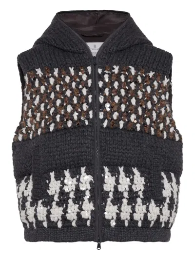 Brunello Cucinelli Sequin-embellished Hooded Vest In Gray