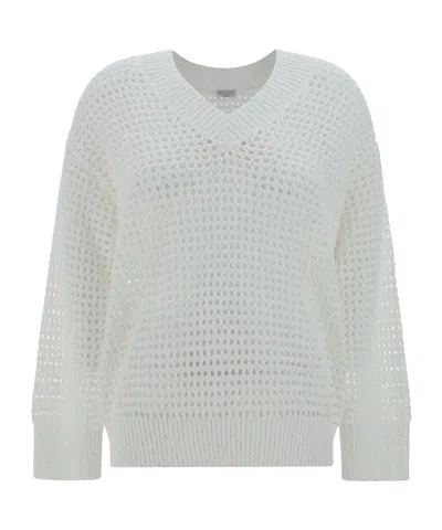 Brunello Cucinelli Sequin Embellished Knit Jumper In Bianco