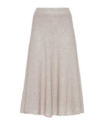 Brunello Cucinelli Sequin-embellished Knitted Midi Skirt In Beige