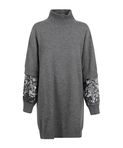 Brunello Cucinelli Sequin-embellished High-neck Mini Dress In Gray