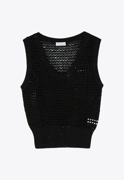 Brunello Cucinelli Sequin-embellished Knitted Vest In Black