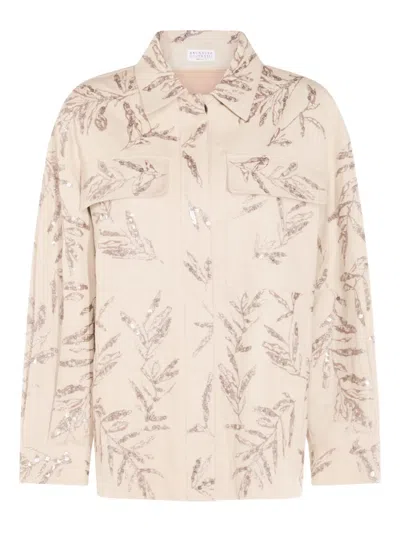 BRUNELLO CUCINELLI SEQUIN-EMBELLISHED LEAF-PRINT SHIRT