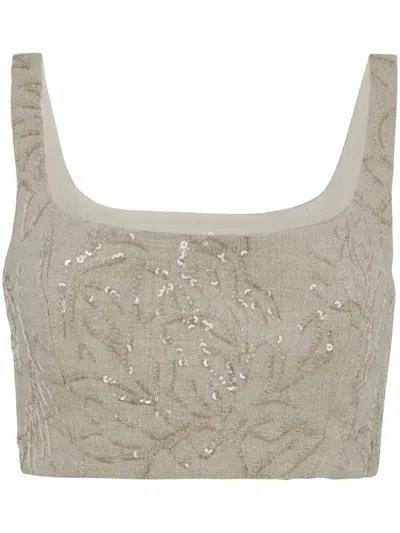 Brunello Cucinelli Women's Linen Canvas Cropped Top With Dazzling Flower Embroidery In Rope